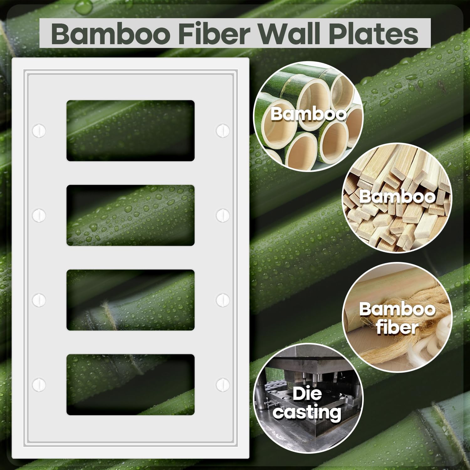 Light Switch Cover Plate White Classic Decorative Switch Plates Cover Bamboo Fiber Wall Plate Cover for Decorator, Duplex, Toggle, Combo(4-Gang Quad Decorator,1 Pack), NF010