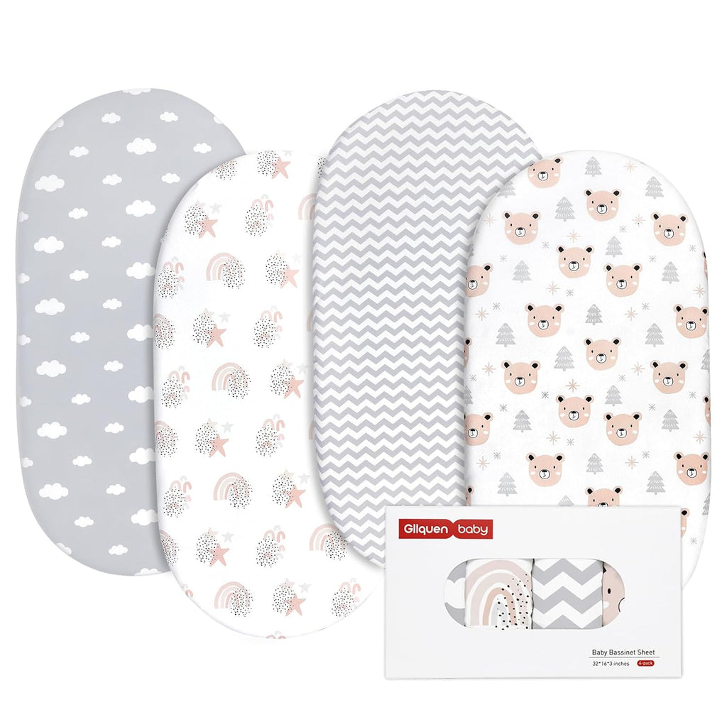 Gllquen Baby Bassinet Sheets 4 Pack, Breathable Cozy Fitted Mattress Sheet, Elastic Travel Crib Fashionable Pattern, Standard Cradle Safe Sheets for Baby Boys Girls 32"x16"(Rainbow)