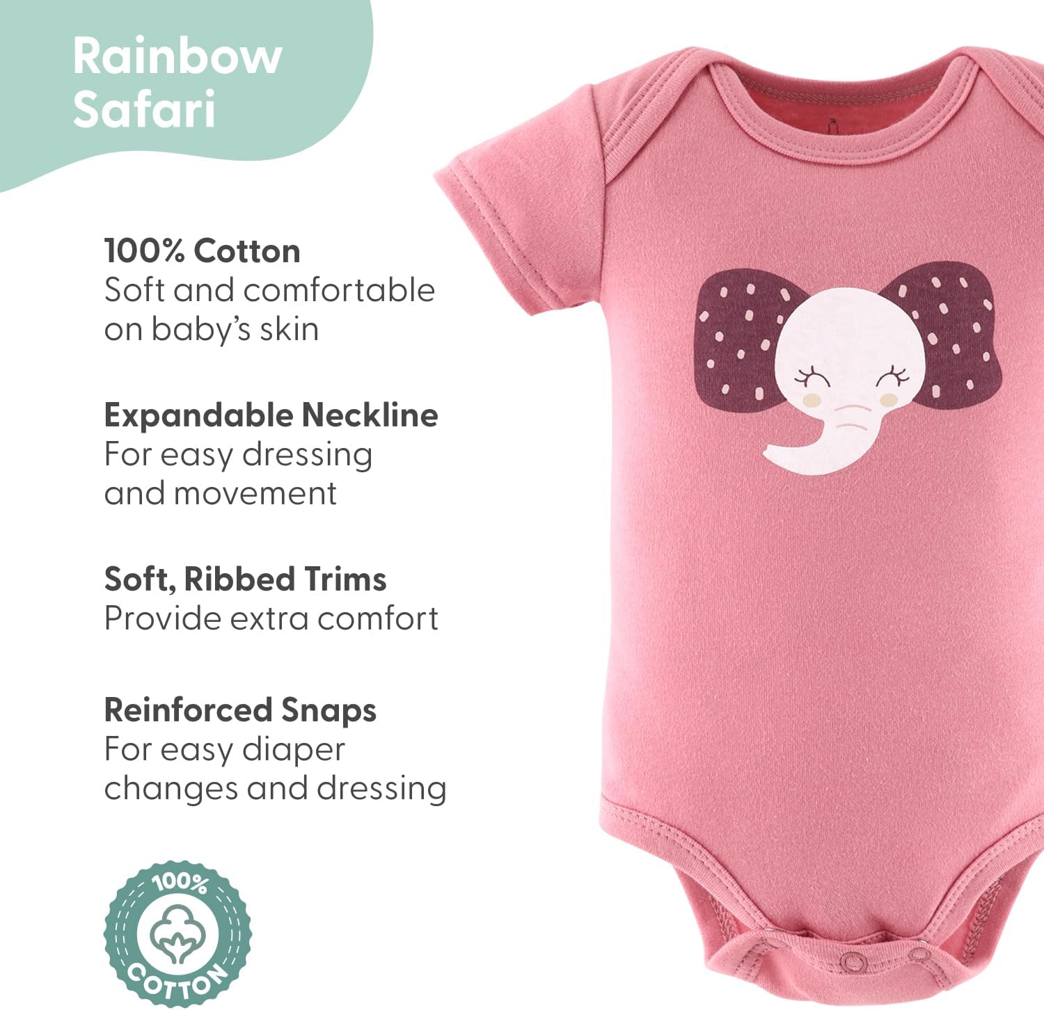 The Peanutshell Baby Girl Short Sleeve Bodysuits - 100% Cotton Infant Outfits, 0-24 Months - Rainbow Safari