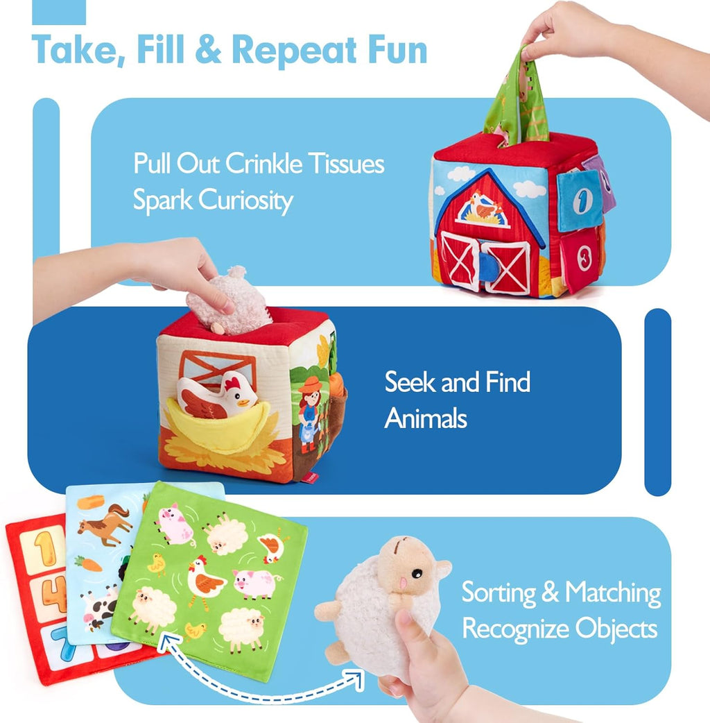 hahaland Baby Seek and Find Sensory Farm Animals Plush - 13 PCS Whats Inside Box with Rattle, Crinkle, Squeaker, Mirror, Texture, 9 Month Old Baby Toys 6-12-18 Months, Montessori Toys for 1 Year Old