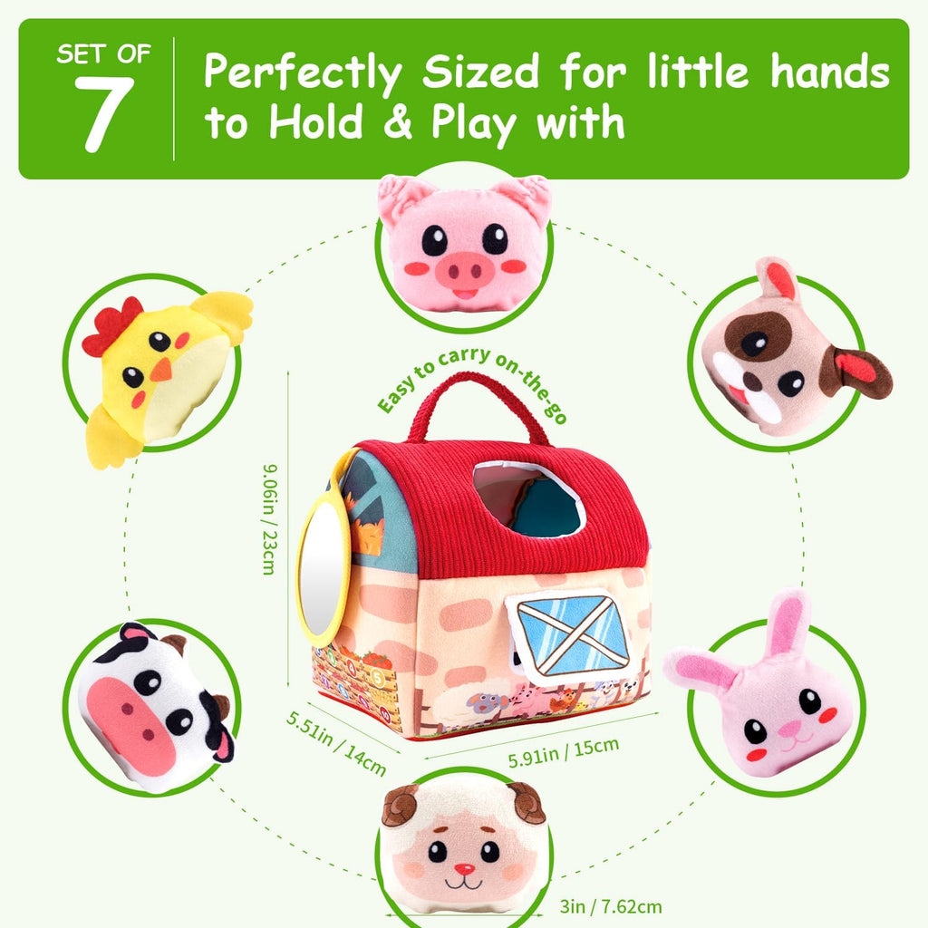 Baby Toys 6-12 Months, Soft Barn Toy with 6 Stuffed Farm Animals, Rattle, Crinkle, Mirror, Sensory Toys for Toddlers 1-3, 6 7 8 9 10 Month Old Baby Toys, Montessori Toys Gift for 1 Year Old Boy Girl
