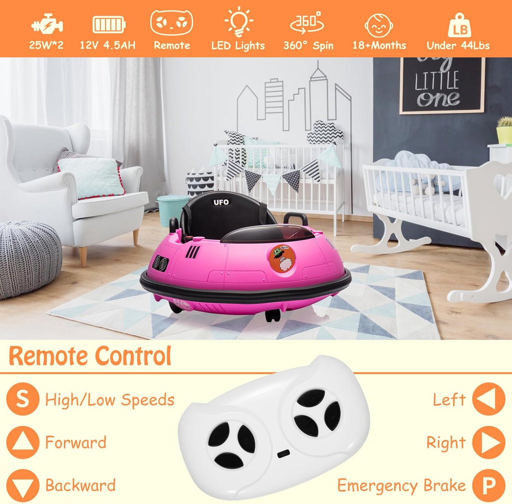 12V Electric Ride on Bumper Car for Toddlers, Kids Bumper Car with Remote Control, 360 Degree Spin, LED Lights, Dual Joysticks, Safety Belt for 18+ Months Kids, Pink