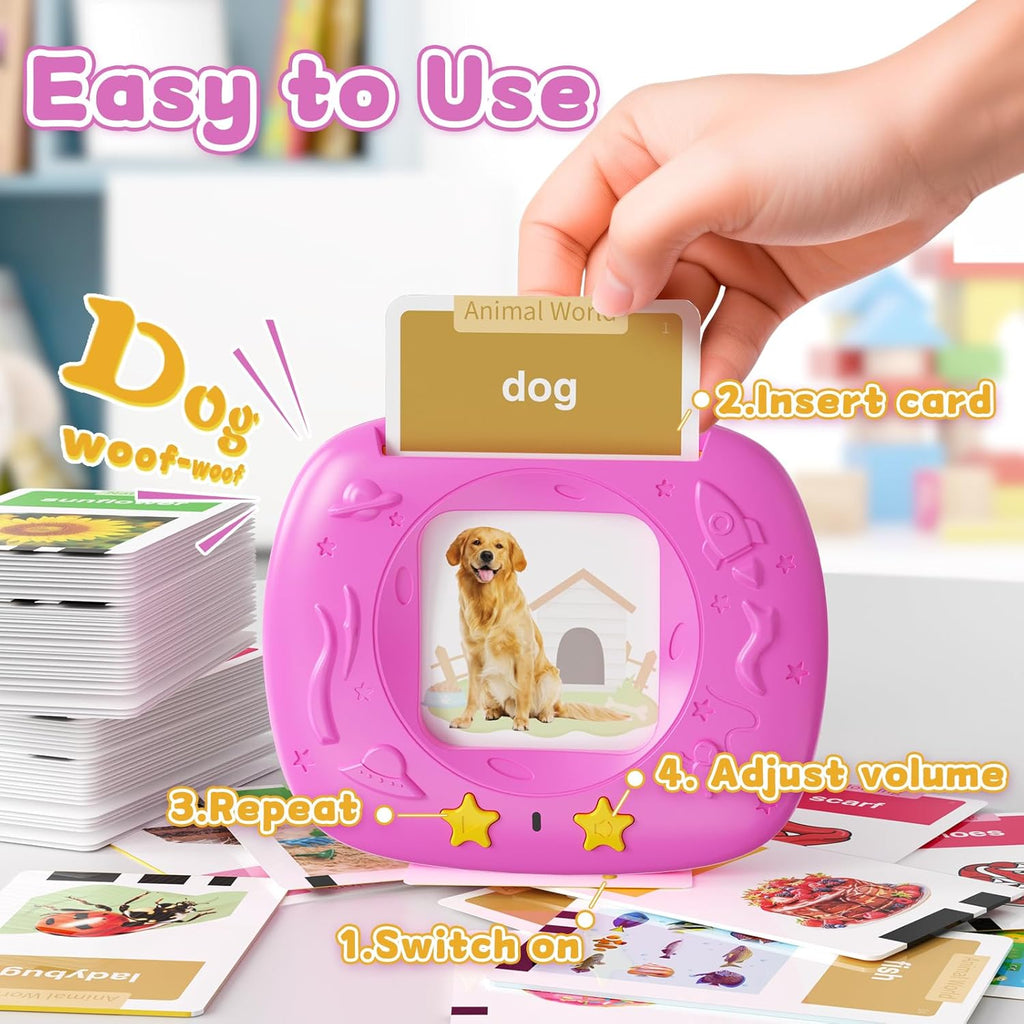Toddlers Talking Flash Cards with American Accent & 288 Sight Words, Speech Therapy Toys for 1 2 3 4 5 6 Years Old Boys and Girls, Learning Montessori Sensory kit, Kids Birthday Gifts (Pink)