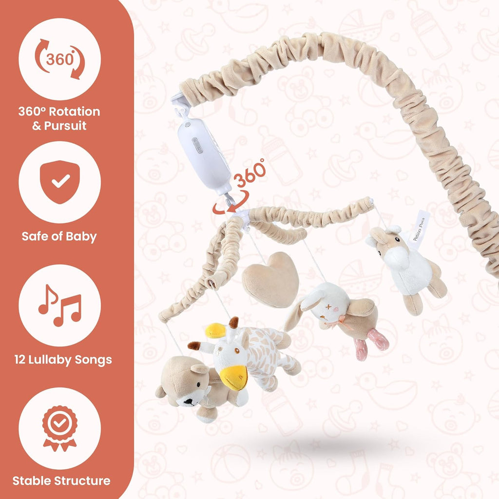 Musical Crib Mobile with 12 Lullabies, Rotating Arm and Detachable Plush Toys, Unisex Clip On Mobile for Standard Cribs, Baby Safe Materials for Sensory Development & Early Growth