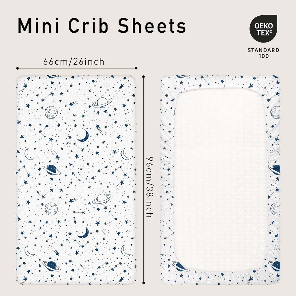 Gllquen Baby Muslin Mini Crib Sheets 3 Pack, Breathable Pack and Play Sheets Fitted Soft Cozy Cotton Pack N Play Sheets for Baby Boy Girls, Universal Fitted Mini Crib Mattresses 38"x26" (Blue)