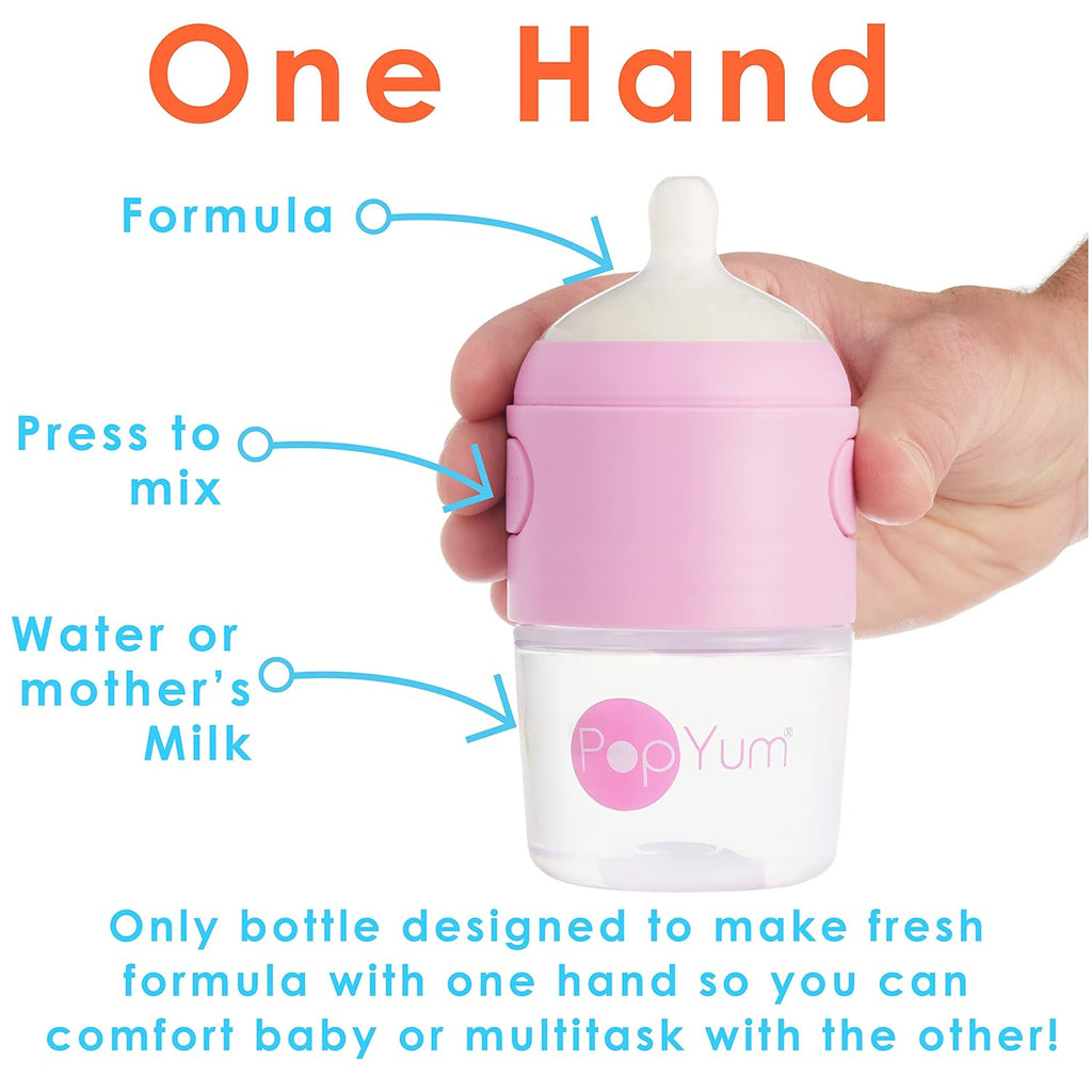 PopYum 5 oz Pink Anti-Colic Formula Making/Mixing/Dispenser Baby Bottles, 3-Pack with #1 Slow Flow Nipples, 150 ml, BPA-Free, Natural Latch