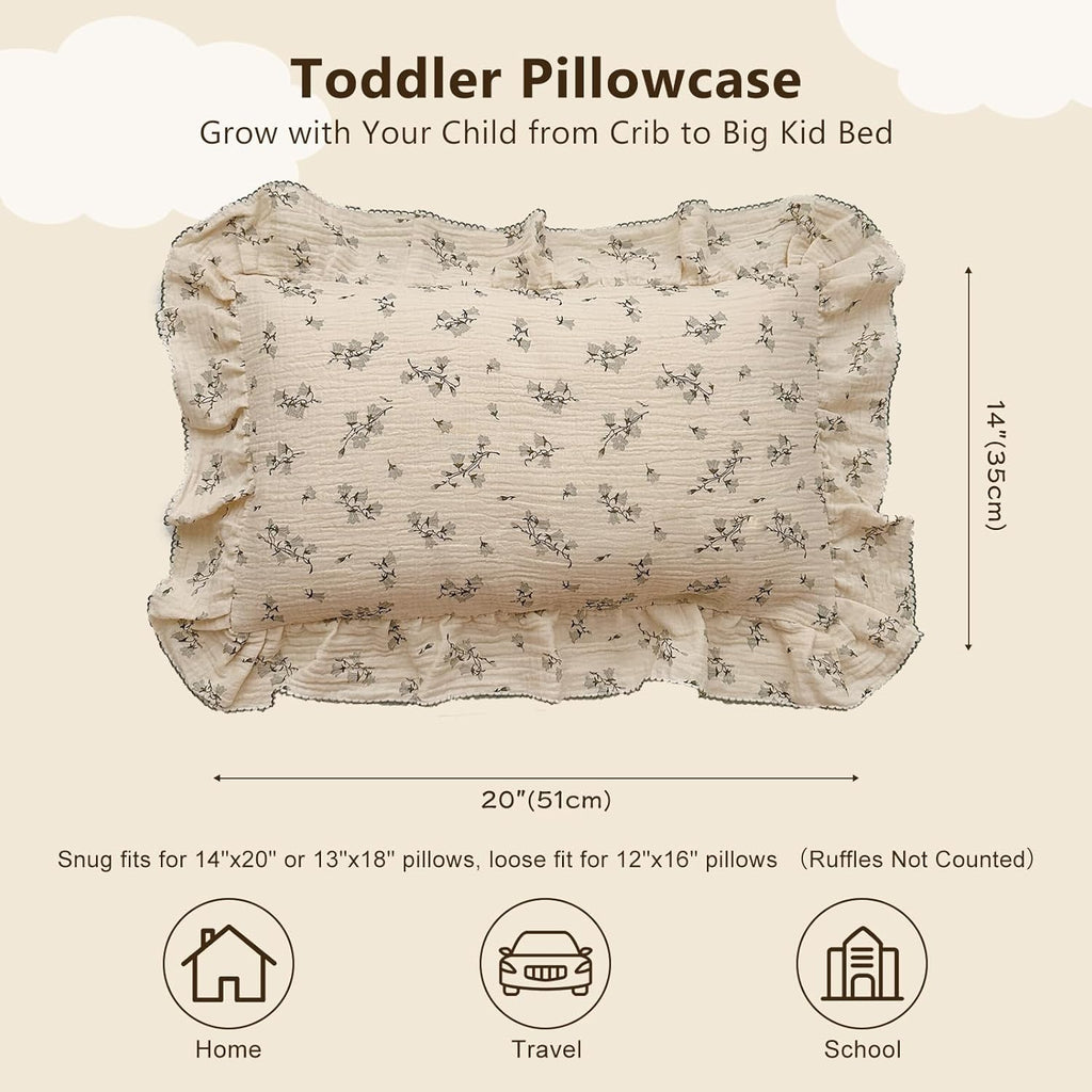 BuLuTu Cotton Muslin Pillowcase for Toddler Girls Boys Chic Shabby Floral Kids Pillow Case, Breathable Soft Durable Children Pillow Cover for Travel/Sleep, Hyacinth Pattern, 14"x20"