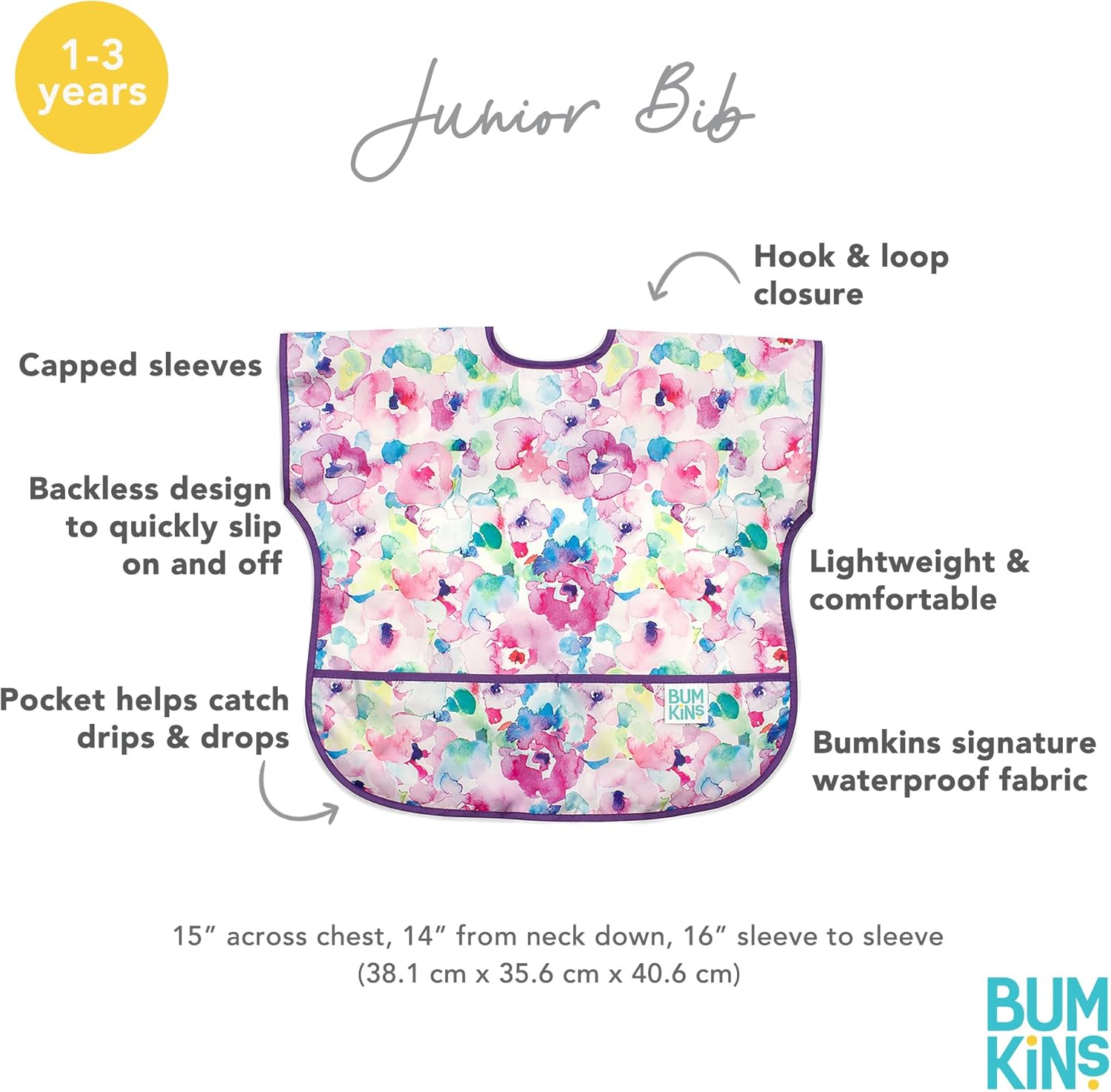 Bumkins Bibs - Toddler Bibs, Waterproof, Large for 1-3 Years, Short Sleeve