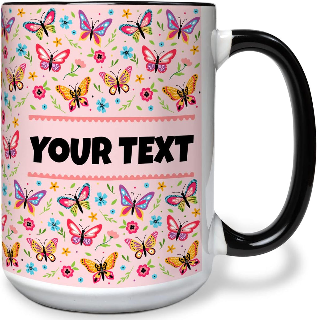 Personalized Mug for Kids - Butterflies - Custom Name/Text, Ceramic Hot Chocolate/Cocoa/Coffee Cup for Girls, Birthday/Christmas/Holiday Gift - 15 oz, Black Handle