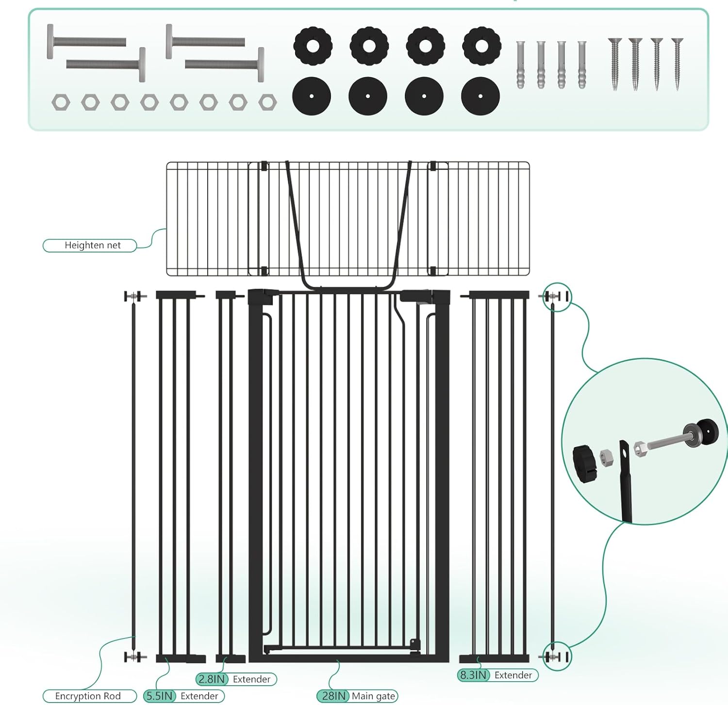 Jiprlak51 Extra Tall Cat Gate for Doorway – 28.5"-48.7" Extra Wide Pet Gate with Adjustable Cat Door Wide,Auto Close, Pressure Mounted, Pet Gate for Cats & Small Dogs, Hallway, Stairs, Kitchen