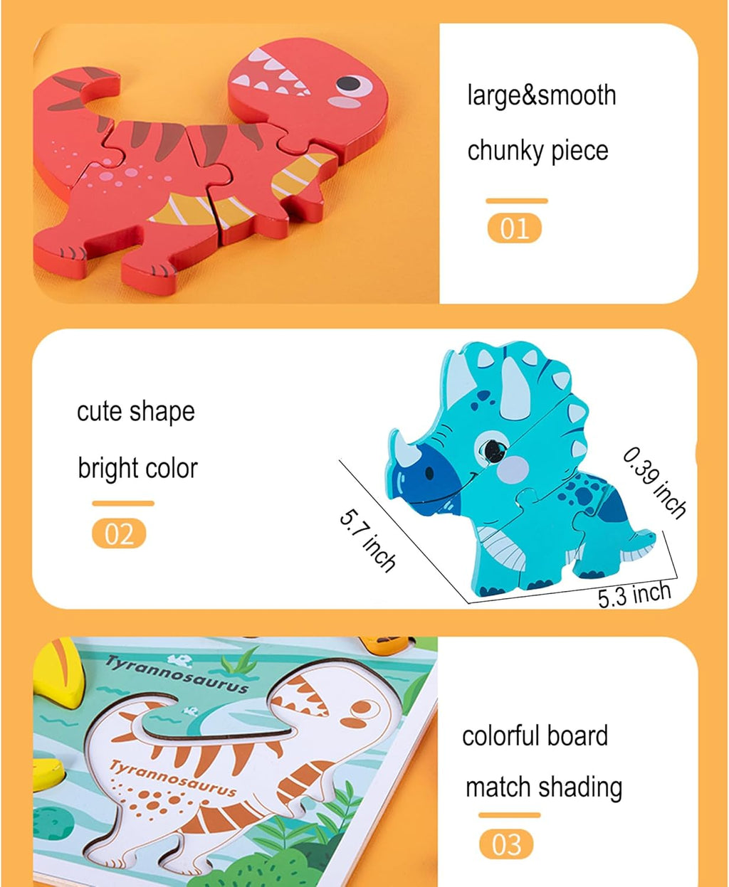 Wooden Jumbo Base Dinosaur Puzzle1-3, Dinosaurs Toys for 2 3 Years Old Boy Girls Kids,Toddler Toys Ages 2-4,Preschool Wood Dino Educational Gifts for Boys