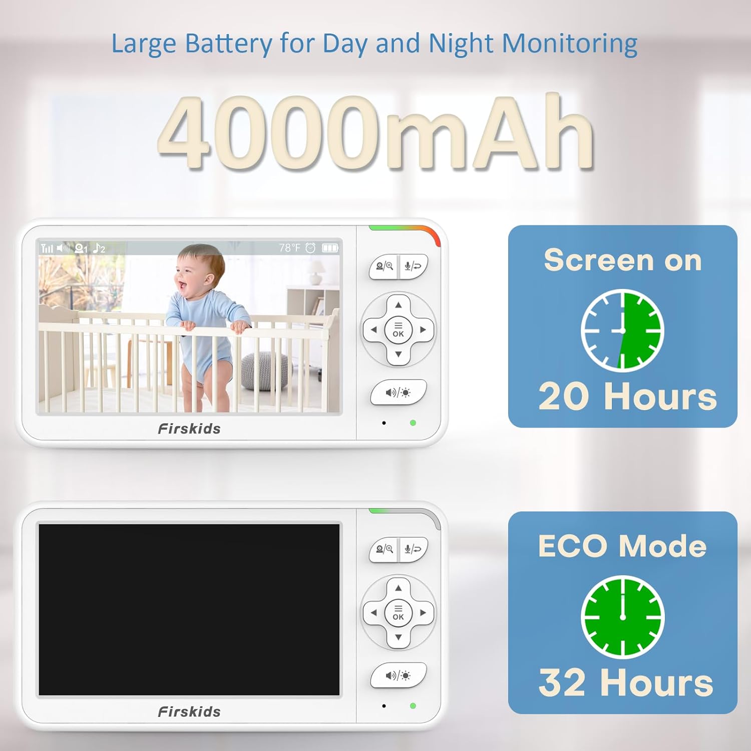Baby Monitor with 2 Cameras, 5” Video Baby Monitor with Dual Camera and Audio no WiFi, 32-Hour Battery, 2 Way Talk, Temperature Sensor, Auto Night Vision, Ideal for Monitor Baby and Elderly
