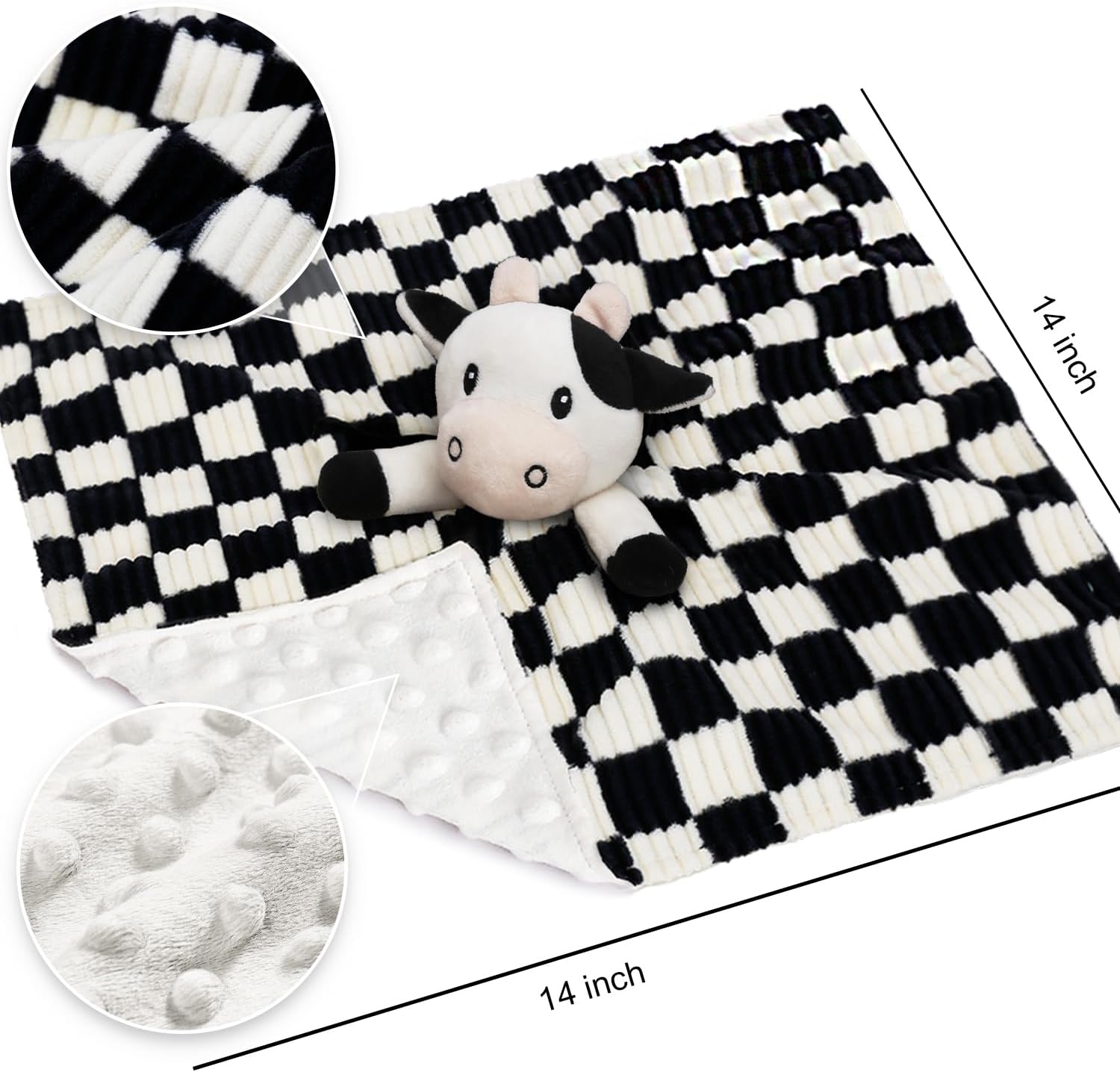 Cow High Contrast Baby Security Blanket for Babies, Soft 3D Checkerboard Lovey with Minky Dot Fabric Backing, Newborn Boys and Girls Snuggle Stuffed Animal Blankie 14 Inch