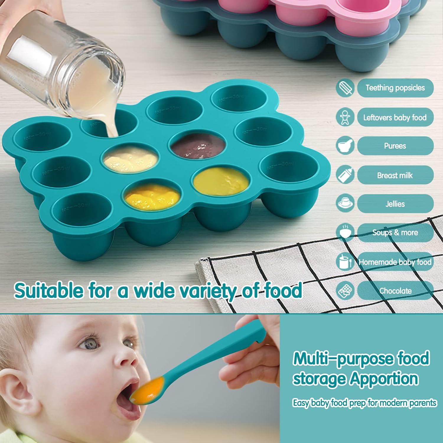 Baby Food Freezer Tray with Clip on Lid, 12 x 1.5 Ounce Baby Food Storage Container, Silicone Freezer Molds for Homemade Baby Food, Fruit Purees & Vegetables (Teal Blue)