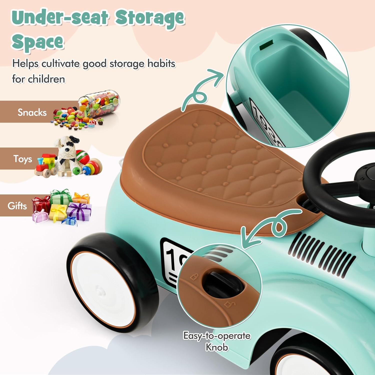 HONEY JOY Ride On Push Car, Outdoor Toddler Riding Toys w/Steering Wheel, Horn & Storage, Foot-to-Floor Sliding Car, No Batteries, Retro Baby Ride On Toys for Boys and Girls (Green)