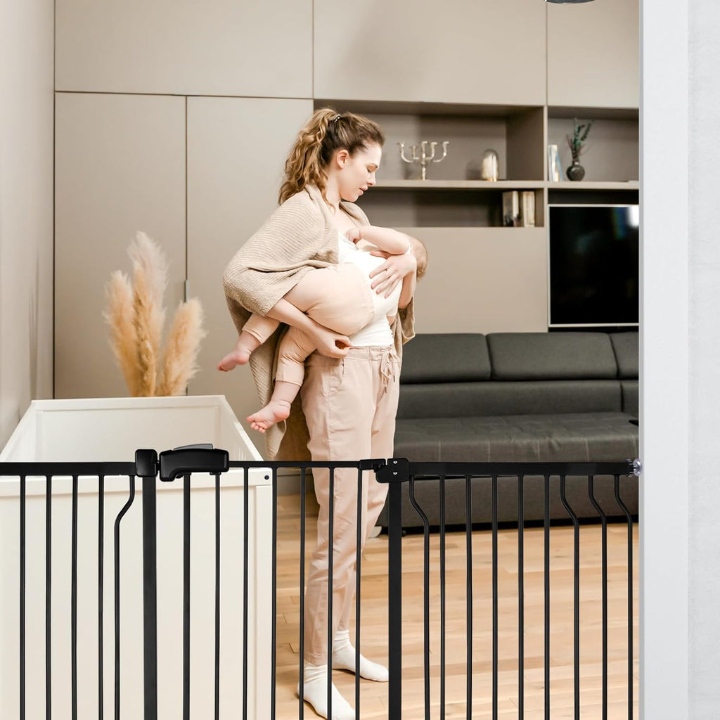 Extra Wide Baby Gate for Stairs Doorways with Door, 30" Tall 57.1-66.5" Wide Easy Install Dog Gate Indoor, Safety Metal Pressure Mounted Pet Gate with Walk-Thru Auto Close for the House, Black