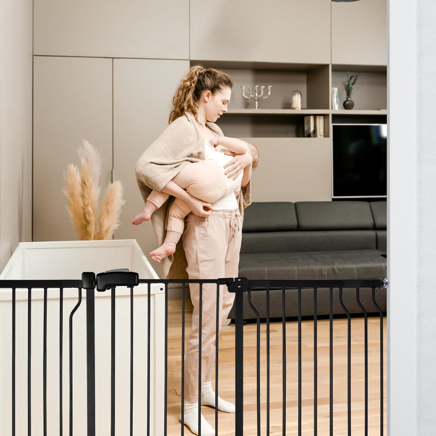 Extra Wide Baby Gate for Stairs Doorways with Door, 30" Tall 57.1-66.5" Wide Easy Install Dog Gate Indoor, Safety Metal Pressure Mounted Pet Gate with Walk-Thru Auto Close for the House, Black