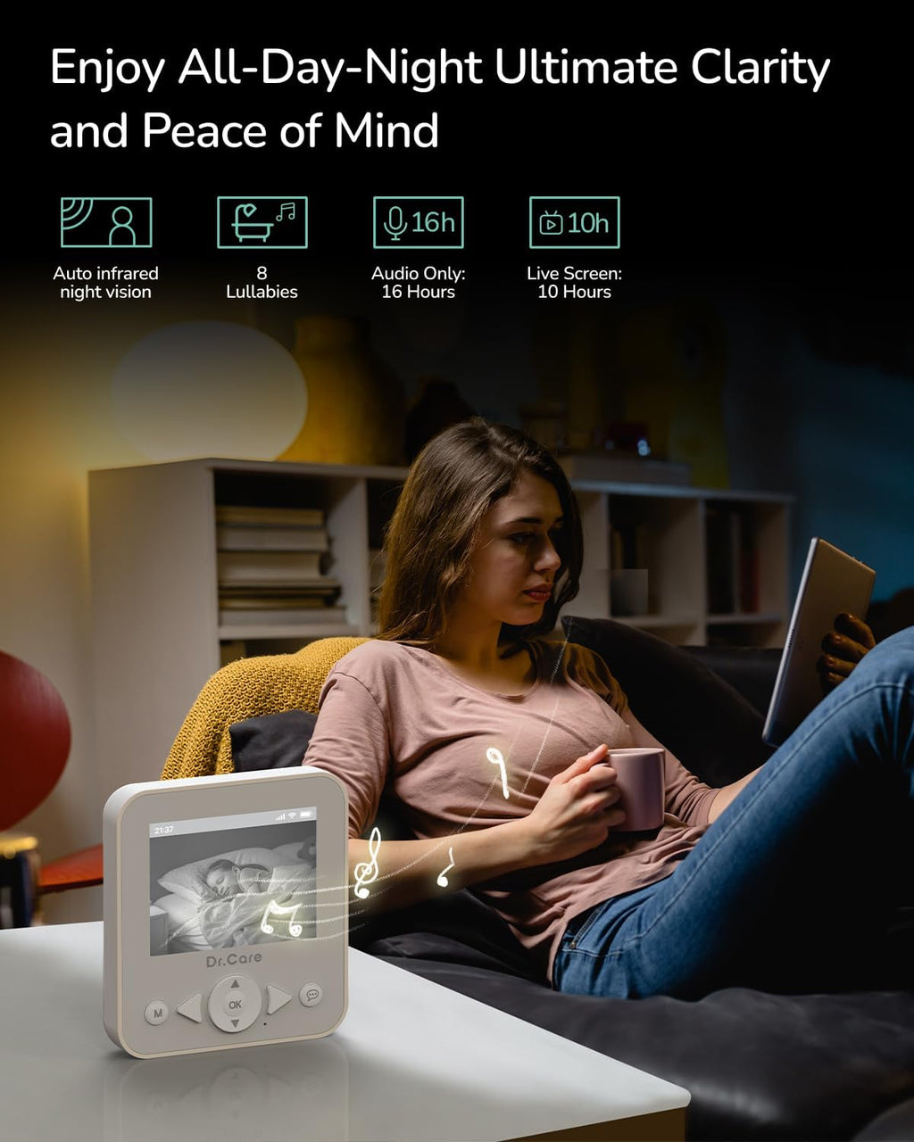 NeoView Video Baby Monitor with 2 Cameras, 2.8” Screen, 2-Way Audio, Video Loop Recording, Night Vision, Real-Time/VOX Monitoring, Temperature Sensor, Lullabies, Belt Clip Design