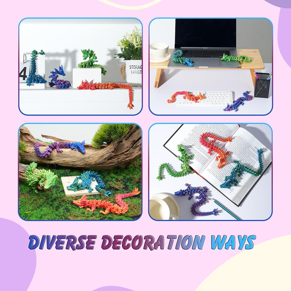 12" 3D Printed Dragon, Articulated Dragon, Crystal Dragon, Dragon Fidget Toy, Home Office Decor Executive Desk Toy (Purple)