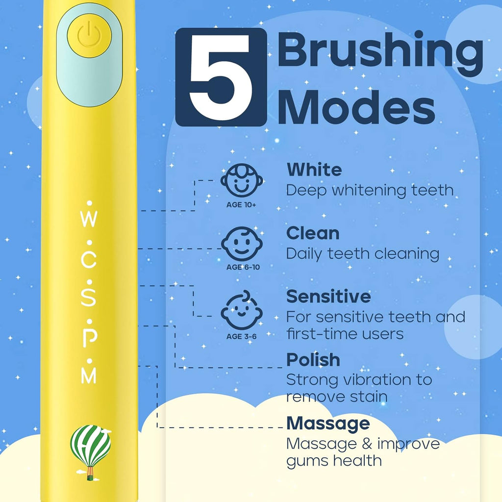 SEAGO Kids Electric Toothbrush, Rechargeable Sonic Soft Bristle Toothbrushes with 8 Brush Heads, DIY Stickers and 5 Modes, Ideal for Kids and Children, Ages 3–12,SG2303(Yellow)
