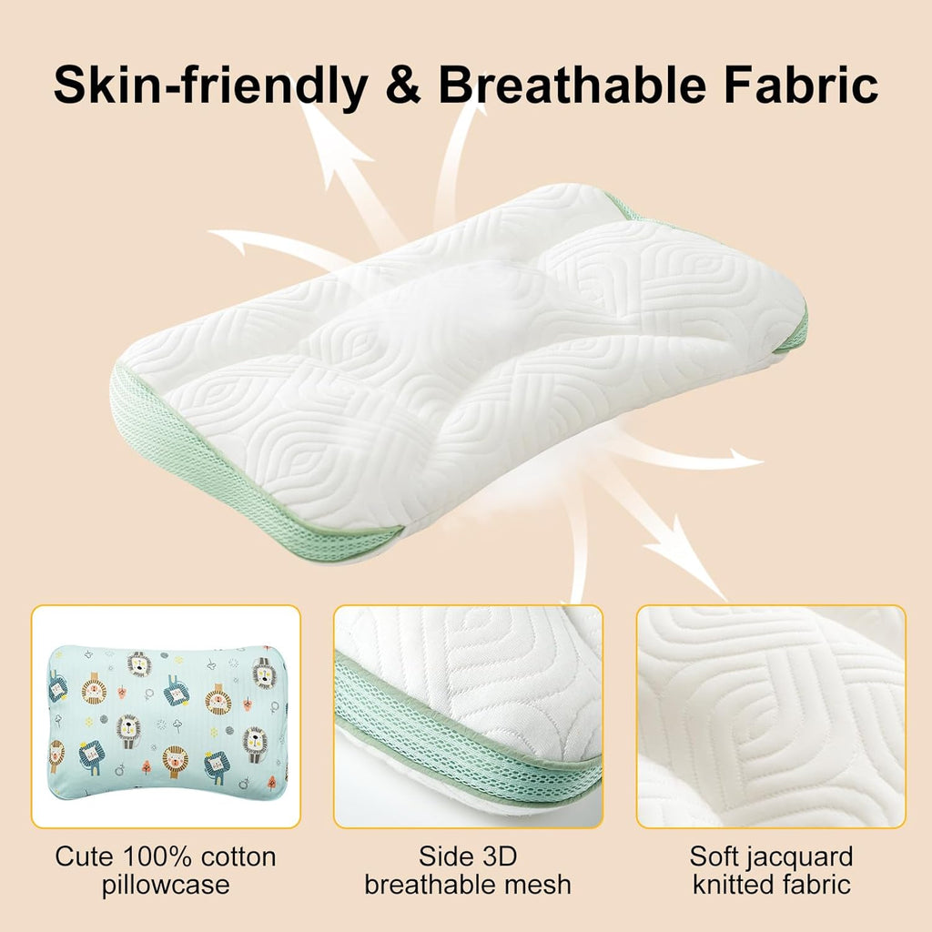 Reidio 1Pc Toddler Pillows with Removable Cotton Pillowcase Ergonomic Design Toddler Pillows for Sleeping Toddler Neck Pillow Kids Pillows Machine Washable 14x20in (Blue Green)