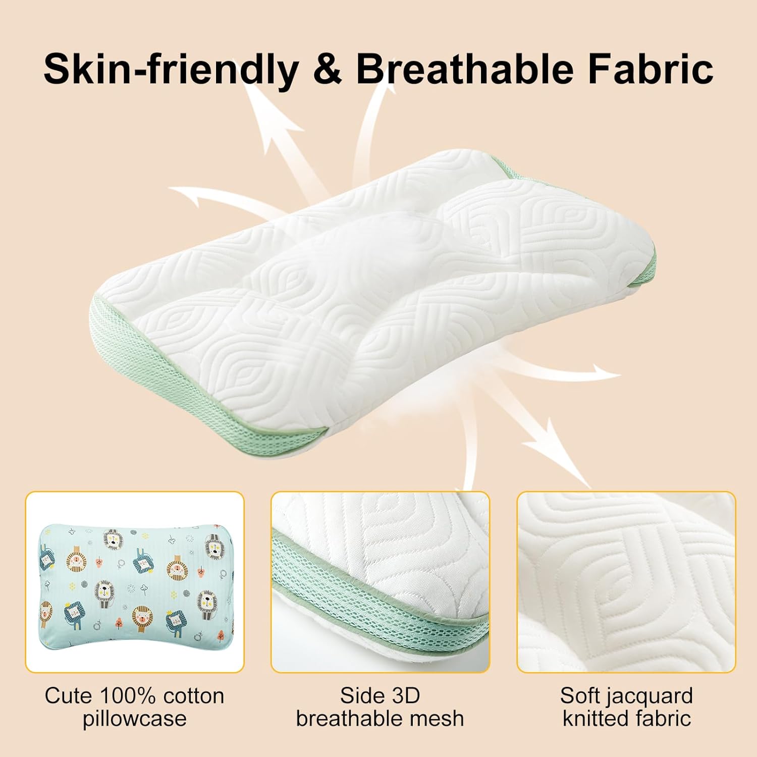 Reidio 1Pc Toddler Pillows with Removable Cotton Pillowcase Ergonomic Design Toddler Pillows for Sleeping Toddler Neck Pillow Kids Pillows Machine Washable 14x20in (Blue Green)