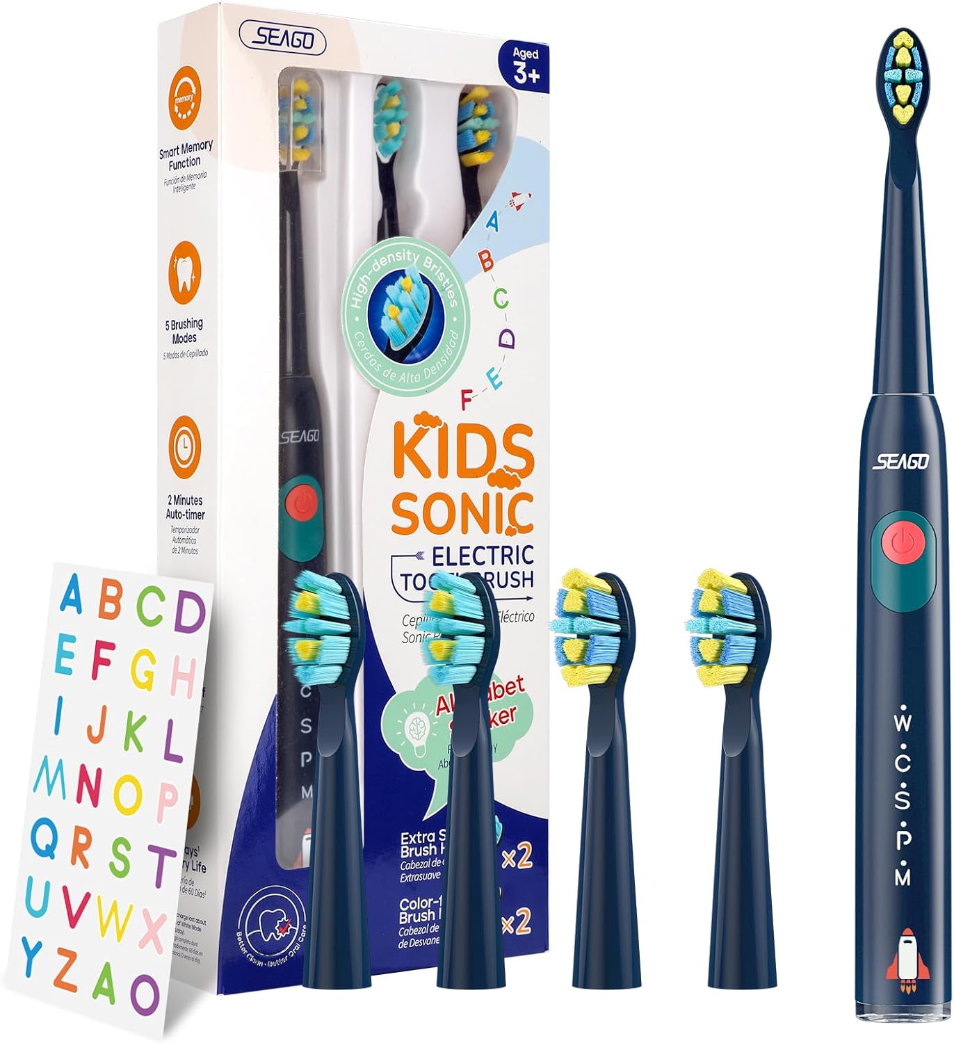 SEAGO Kids Electric Toothbrush, Sonic Soft Bristle Rechargeable Toothbrushes with DIY Stickers, 5 Modes, Includes 4 Replacement Brush Heads, Ages 3 to 12 Years Old (Navy)