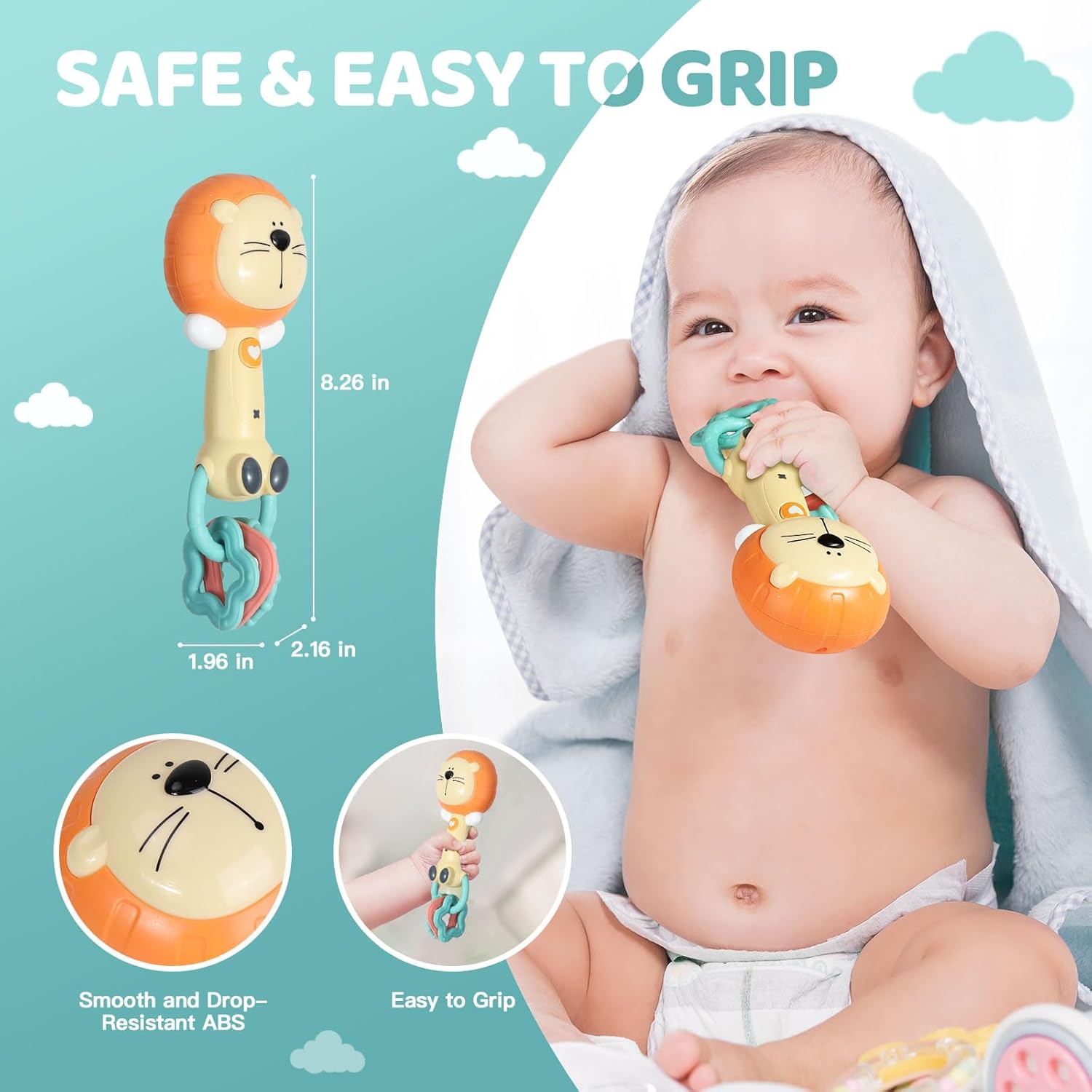 Orzbow Baby Musical Toy Light-Up, Lion Teether Toy Bpa-Free, Baby Teething Toys & Rattles 3-6-12-18 Months, Easy to Grip Sensory Toys for Toddler, Baby Boy Gir Birthdays Gift