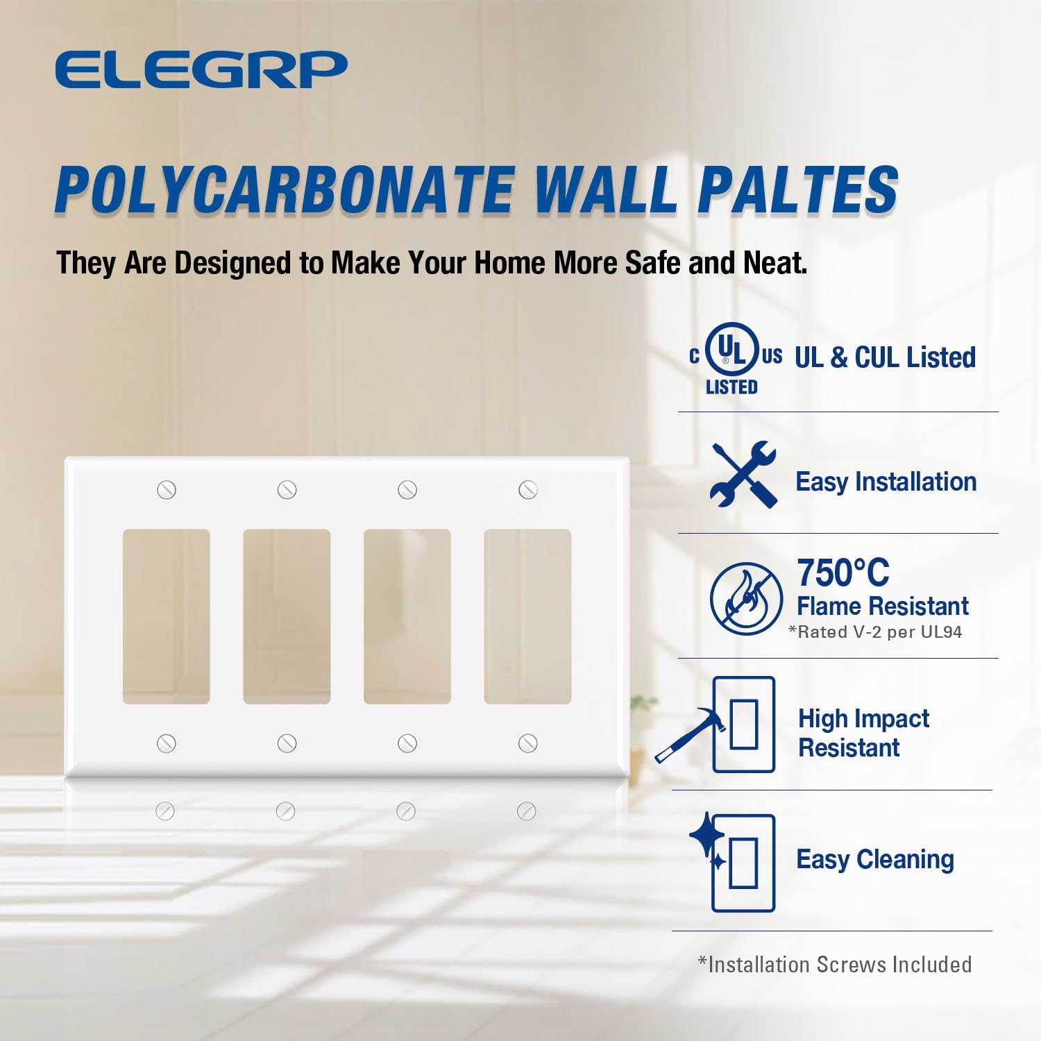 ELEGRP 4-Gang Decorative Wall Plates, Mid-Size 4.88" H x 8.57" L Unbreakable Thermoplastic Faceplate Cover for Decorator Receptacle Outlet Switch, UL Listed (1 Pack, Glossy White)