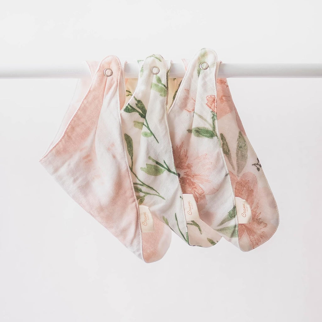 Crane Baby Soft Muslin Baby Bib Set, Adjustable and Absorbent Bandana Style Bibs for Boys and Girls, Floral, 3 Piece, 18.5” x 9”