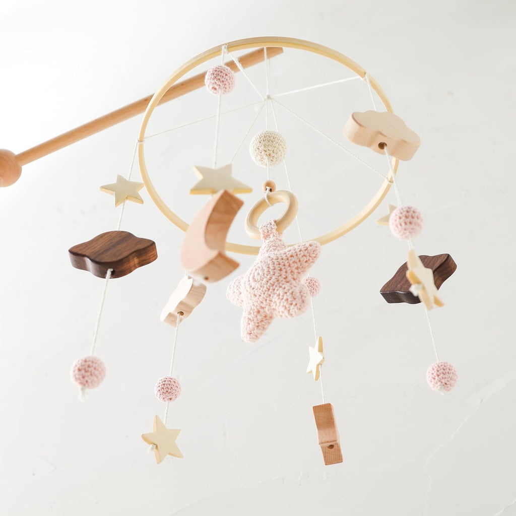 Baby Crib Mobile for Boys Girls| Boho Nursery Mobile| Gender Neutral Hand-Crocheted Mobile| Ceiling Mobile - Stars, Clouds, Moon (Pink)