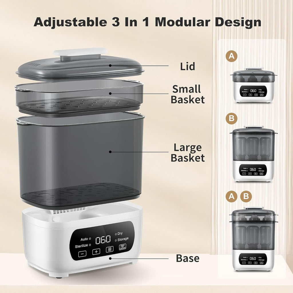 Baby Bottle Steamer and Dryer, Electric Steamer and Dryer for Baby Bottles, 4-in-1 Bottle Steamer and Dryer, Universal Fit for All Bottles, LED Touch Screen, Auto Shut-Off