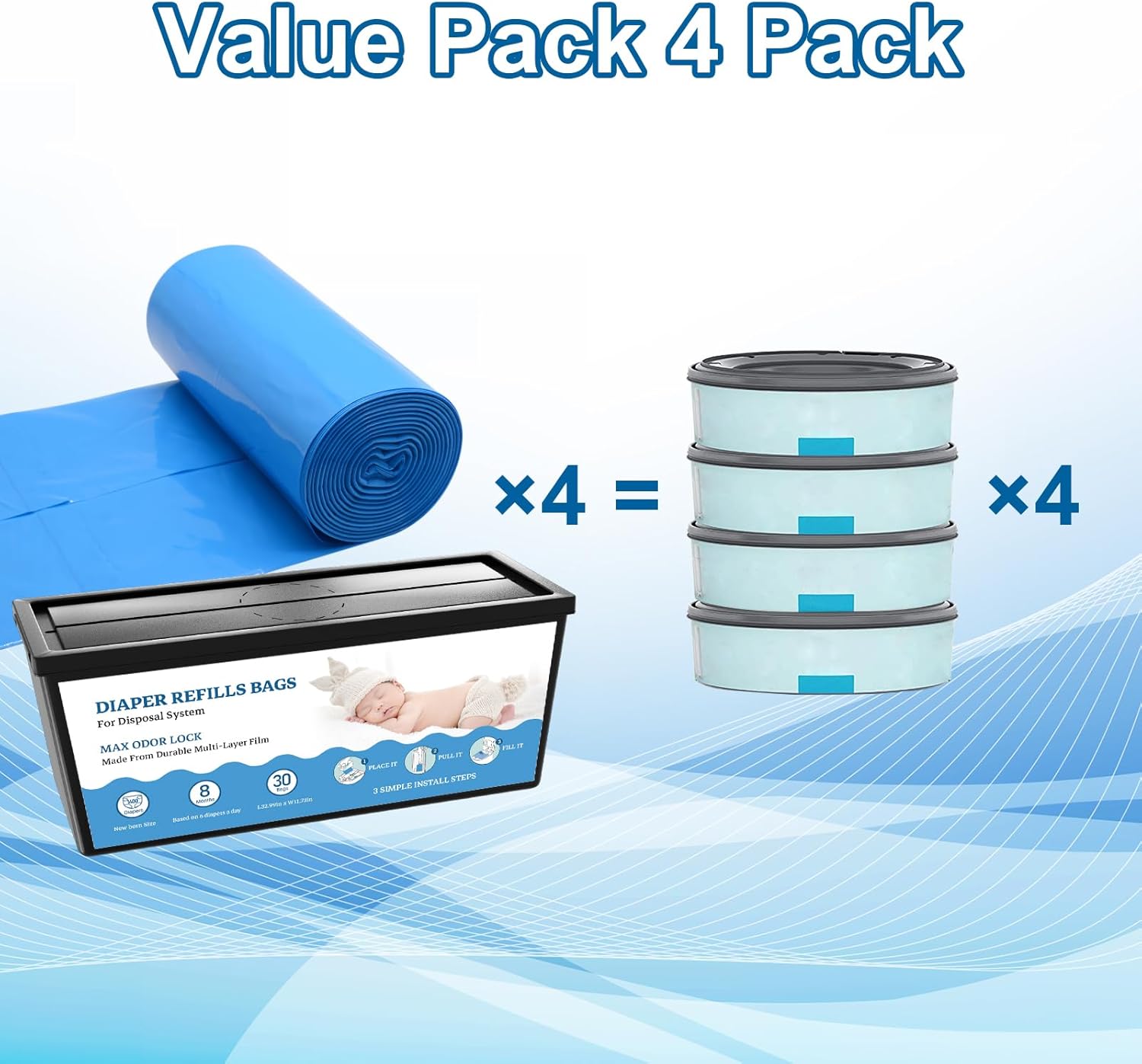 Diaper Refill Bags Compatible with Genie Easy Roll & Platinum Diaper Pails, 7-Layer Odor Control, Extra Thick, 4-pack (120 Bags), Holds up to 5600 Newborn Diapers