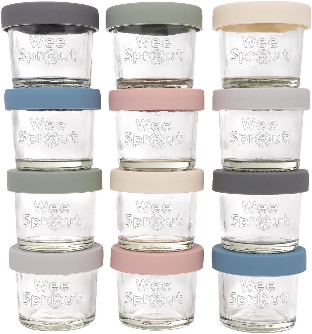 WeeSprout Glass Baby Food Storage Jars w/Lids (4 oz, 12 Pack Set) Snack, Puree, Reusable Small Containers, Breast Milk, Fridge or Freezer, Microwave & Dishwasher Safe, Essential Must Have for Infants