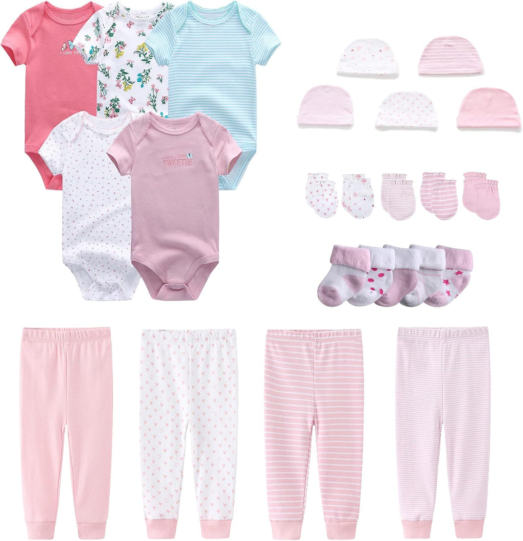 Newborn Layette Gift Set Bodysuits Pants for Baby Girl and Boy 24 Piece 100% Cotton Essentials and Accessories