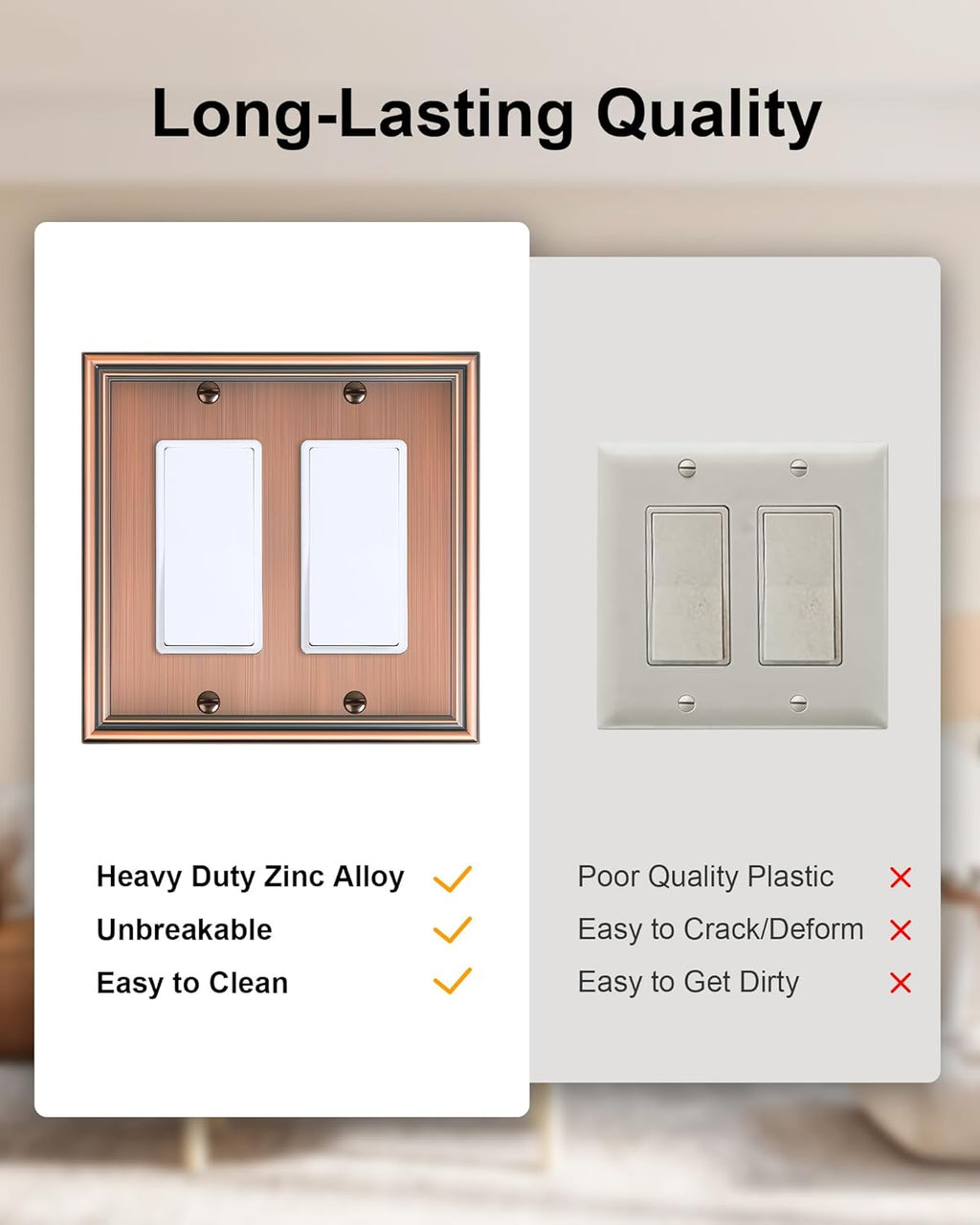 2-Pack Decorative Double Decorator Outlet Cover Plate, Durable Zinc Alloy Antique Copper Wall Plates for Electrical Outlets, Receptacle, GFCI Outlet, Dimmer Switch, 2-Gang Corrosion Resistant