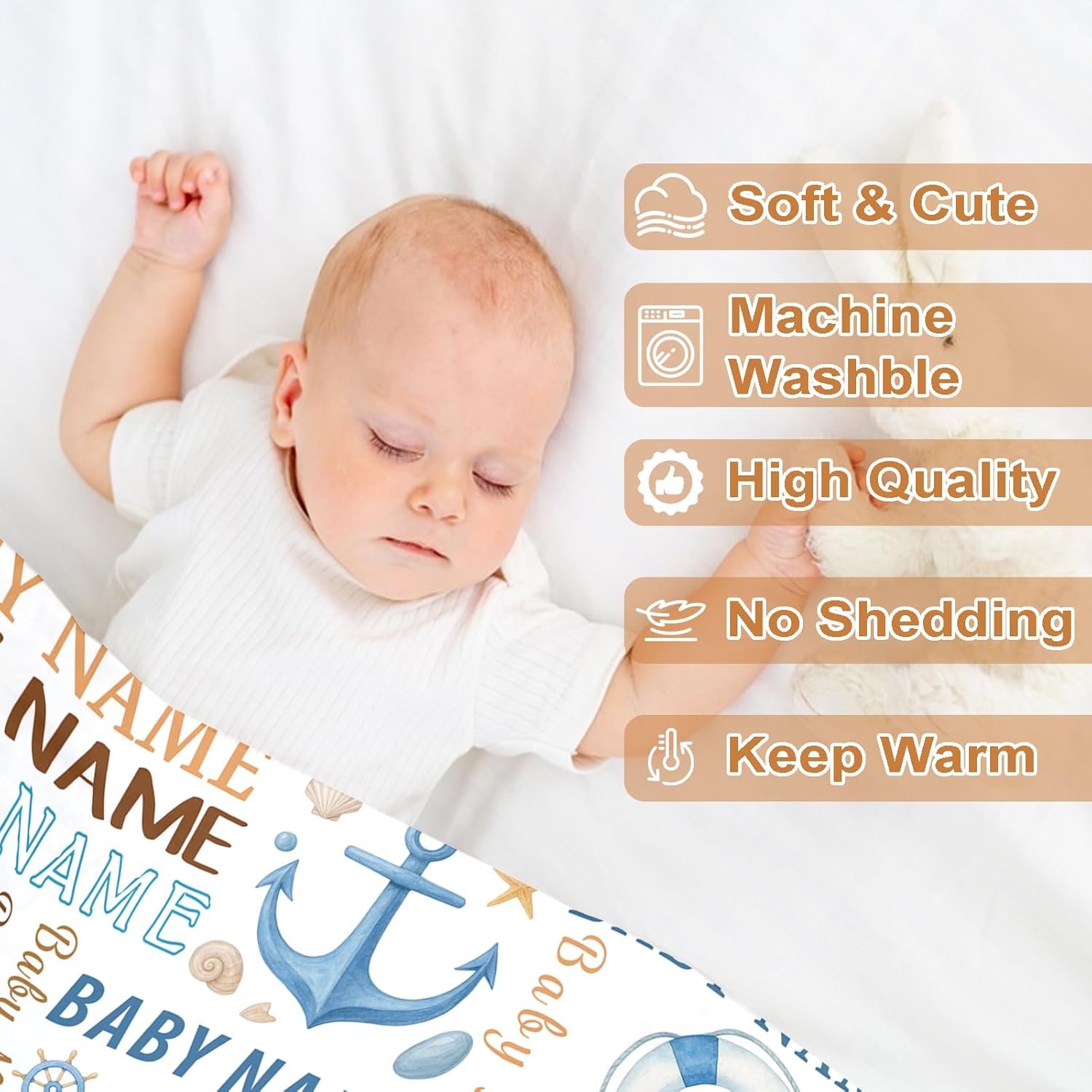 Ship Next Day, Personalized Baby Blanket – Printed in USA, Custom Baby Blanket for Boys & Girls, Baby Blanket with Name, Baby Shower, Easter, Christmas, Birthday Newborn & Toddler Gifts (Style 06)