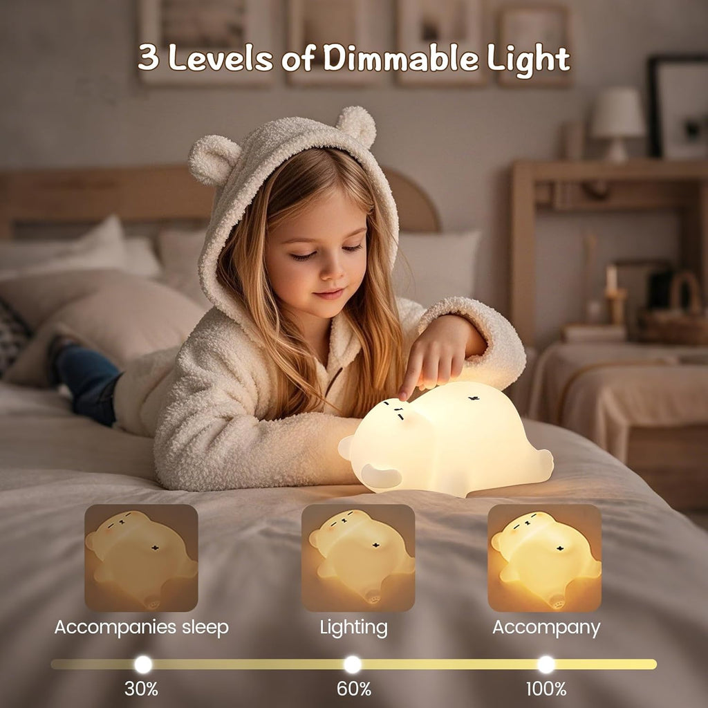 Snoring Bear Night Light – Adorable Gift for Kids, Babies, Moms & Seniors – Soft Silicone Sleep Lamp with Sound, 3 Brightness Levels, 30-Min Timer – BPA-Free Bedside Nightlight