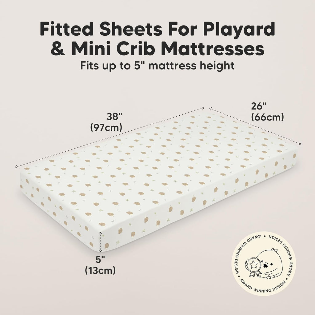2-Pack Mini Crib Sheets Fitted - 38x26 Pack N Play Sheets for Pack and Play Mattress, Organic Cotton, Soft & Breathable Playard Bedding, Neutral Mini Toddler Bed Cover for Boys, Girls (Nibbles/Bruce)