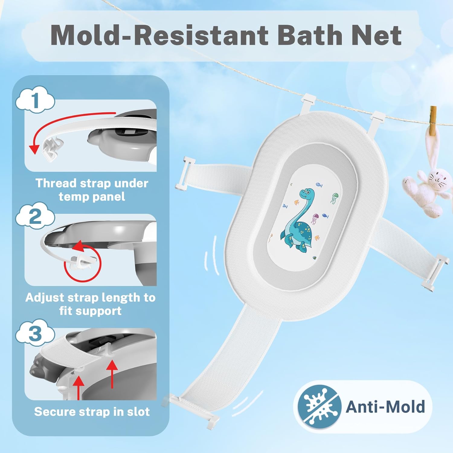 AVIDOR Baby Bathtub,Collapsible Bathtub for Newborn to Toddler,Durable Essential Infant Bath Tub,Portable Travel Baby Tub with Soft Bath Net,No-Slip Feet and Dinosaur Shaped (Grey)