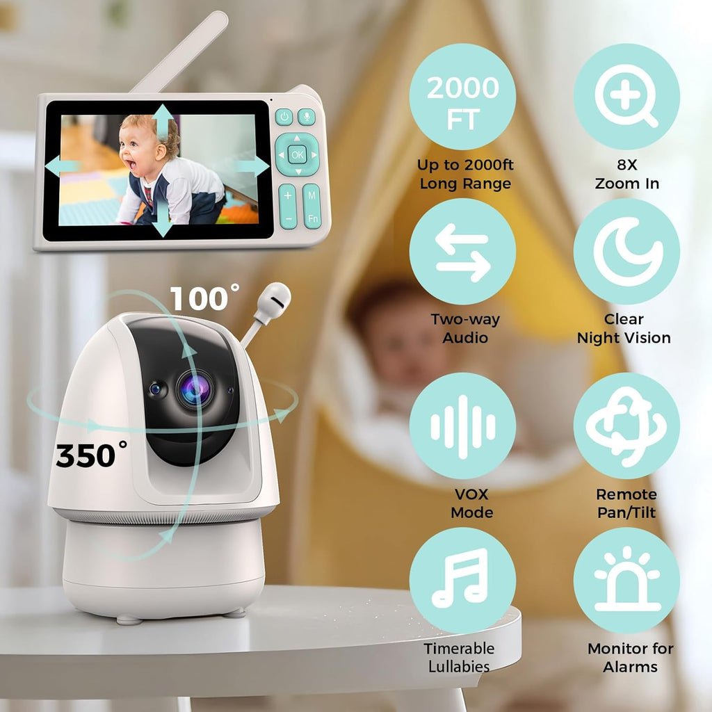 Video Baby Monitor, 2000ft Long Range, Enhanced Signal Stability, No WiFi, 5" HD Screen, 5000mAh, 1080p Camera, Super Clear Night Vision, Pan-Tilt-Zoom, 2-Way Audio, AI Cry & Motion Alarm