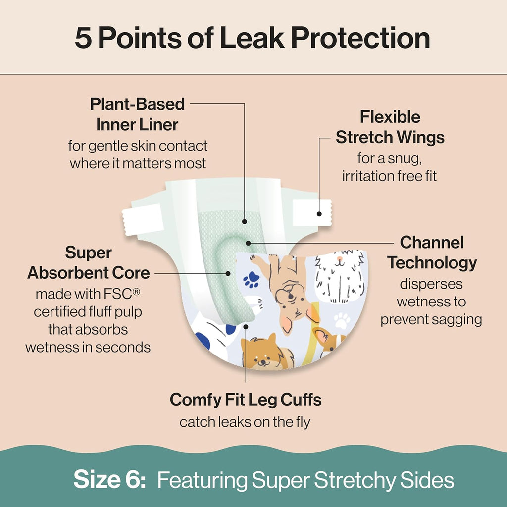 The Honest Company Clean Conscious Diapers for Delicate Skin | Up to 100% Leakproof | Hypoallergenic, Fragrance Free | Gender Neutral | Super Club Box, Size 6 (35+ lbs), 68 Count (Prints May Vary)