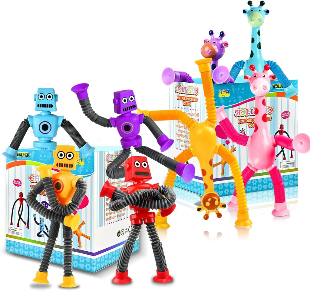 Autism Sensory Toys for Kid Boys Year Old Ages 4 5 6 7 8 9 10(8PCS), Suction Robot Toy Pop Tube Fidget Toys Autistic Travel Toys Valentine's Day Gift Easter Basket Stocking Stuffer for Kids