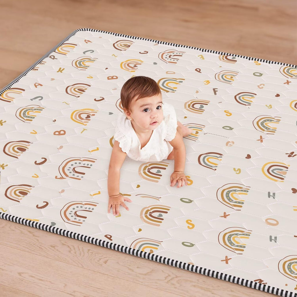 Boho Rainbow Baby Play Mat 71" X 59" Playpen Mat Thicken One-Piece Crawling Mat Non-Slip Cushioned Baby Floor Mat Letter Playmats for Babies Toddlers Infants Tummy Time Activity (71X59,Beige)