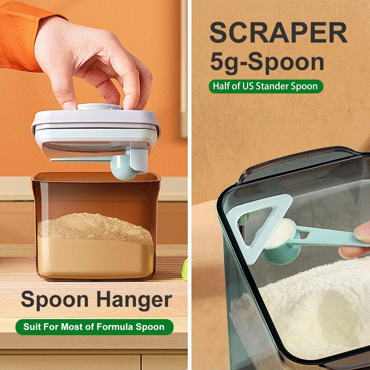 Formula Container, 1700Ml/730g Airtight Formula Dispenser, One Button Handy Pop Up Food Containers Milk Powder Container, BPA-Free Food Storage Containers with Lids, Scoop and Scraper, Dark Brown