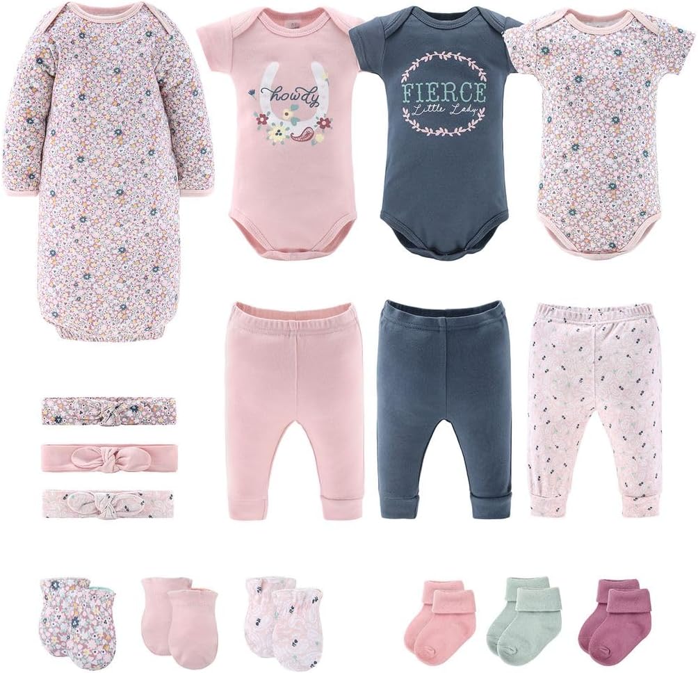 The Peanutshell Baby Layette Gift Set for Girls - 16 Piece New Born Girl Gift Set, Baby Clothes, 0-9 Months - Prairie Floral