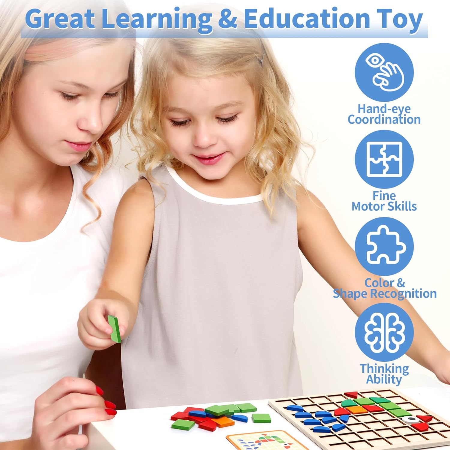 Geometric Shapes Puzzle Toys with 120Pcs Wooden Puzzle Blocks and 20Pcs Cards, Montessori Educational Gifts for Kids Ages 3 and Up