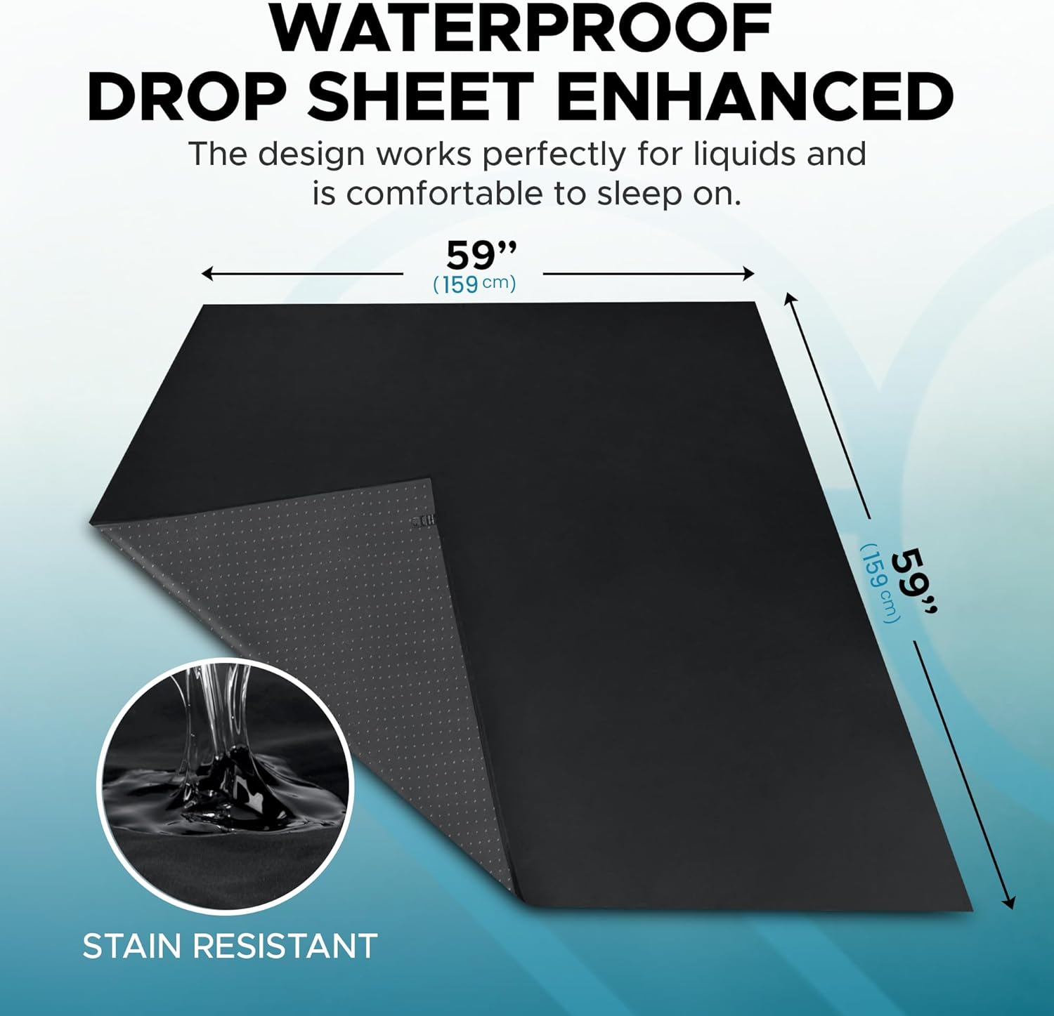 Black Waterproof Flat Drop Sheet (59”x59”), Anti-Slip Mattress Topper with Strengthened Grip, Protector Cover, Safe with Oil, Water, & Silicone-Based Massage Products, Hypoallergenic, Machine Washable