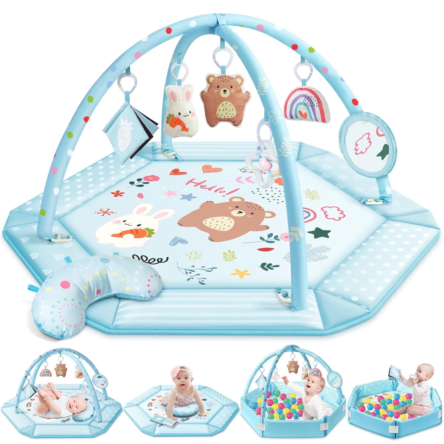 Baby Gym Play Mat, 8-in-1 Tummy Time Mat & Ball Pit with 6 Toys, Washable Baby Activity Mat for Visual, Hearing, Sensory, Motor Development, Baby Gift for Newborn Infant 0-3-6-9-12 Months (Blue)