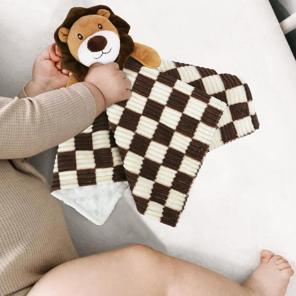 Baby Lovey Blanket for Boys Girls Super Soft Checkerboard Gingham with Minky Dot Fabric Backing Lion Lovely Black 14 Inch